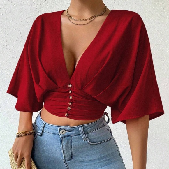 Vibrant Orange Button detail shirred Kimono Sleeve Blouse - Picture 10 of 11